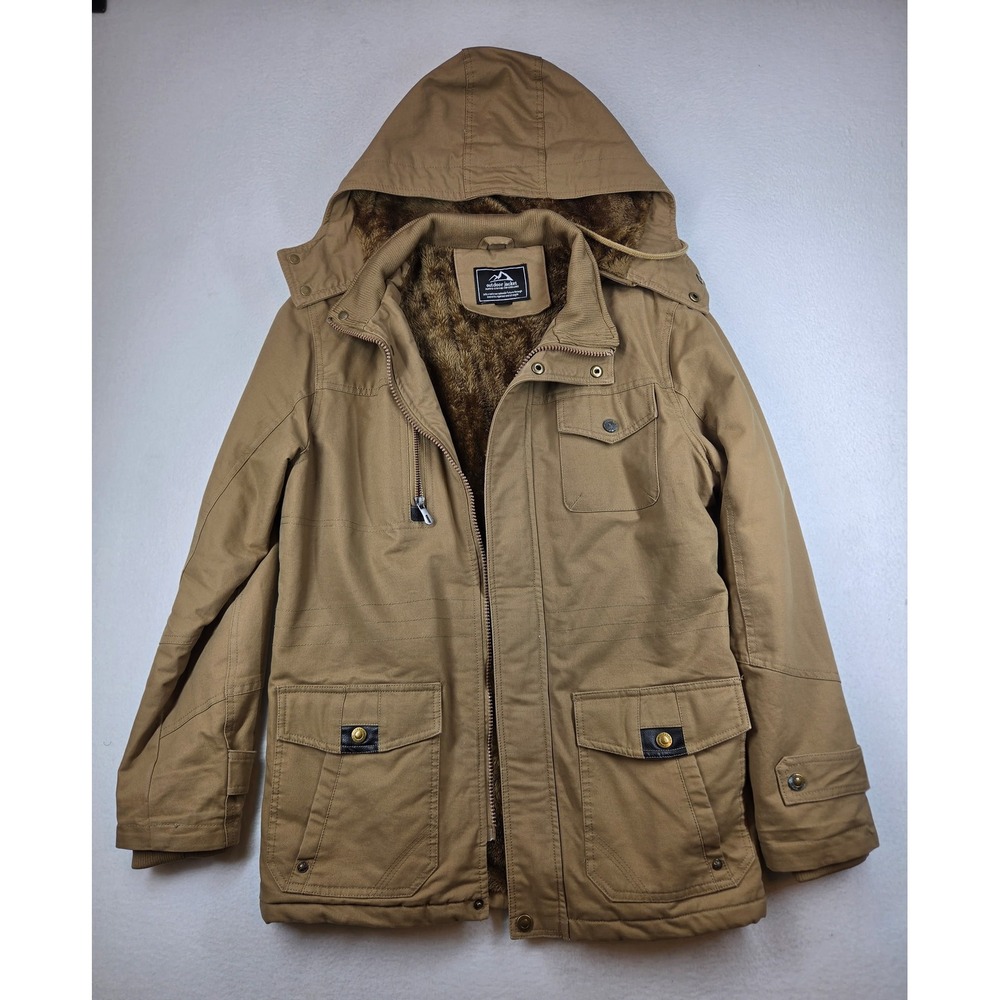 Outdoor Jacket Mens Canvas Utility Parka Faux Fur Lined Hooded Khaki Tan Small